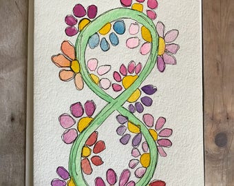 Homemade 8th Birthday Card, Hand Painted 8th Birthday Card, Watercolor 8th Birthday Card