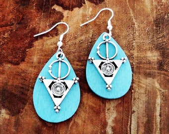 Earrings, drops, hand painted wooden turquoise ethnic style