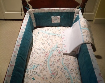 CRADLE BEDDING SET "J'Adore Paris" ~ 3 Piece Hand-Stitched Fitted Cradle Sheet/Padded Cradle Bumber/Cradle Blanket (30" Square, Flannel)