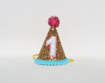 Girl First Birthday Mini Cone Hat in Gold Glitter Pink and Aqua Mint for Baby 1st Cake Smash or Photo Prop