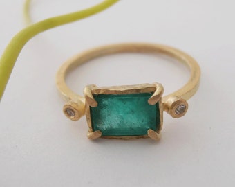 Alternative Engagement ring.Emerald 14kt Gold Ring, Gold Ring, Green Stone Ring, Green Stone, Emerald Gemstone, Diamond Ring