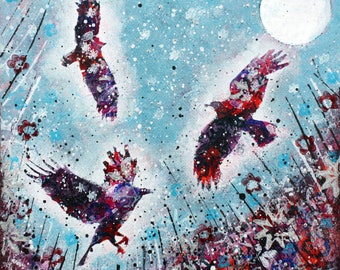 Folklore Forest Birds/original painting/animal art/painting on canvas/wildlife/moon/spatters/countryside/wildlife/flowers/garden/birds