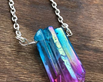 Cotton Candy Pink/Blue Titanium Aura Quartz Crystal Necklace - Reiki Charged - Full Moon Cleansed