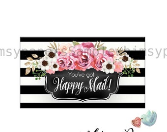 Happy Mail Stickers, Black Stripe Floral Labels