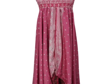 Womens Pink Sundress Recycled Vintage Silk Sari Two Layer Vintage Gypsy Hippie Chic Halter Dress