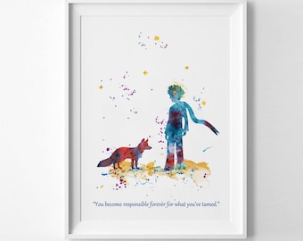 The Little Prince and Fox Prints Watercolor Art Le Petit Prince Quote Fox Ink Saint-Exupéry Nursery decor Print kids Gift Poster (Nº5)