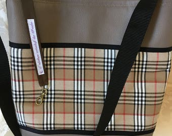 Faux leather fabric beige fancy Plaid shoulder bag