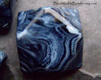 Vintage Beads, Lucite Bead, Marble Bead, Blue Marble Beads, Square Bead, Triple Drilled, Focal Bead, Unique Bead, 2