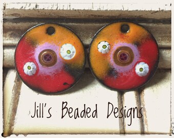 Enameled Copper Charms, Orange Red Pink Enamels, I'm On Fire, For making Earrings