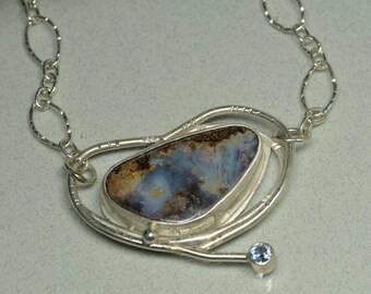 Opal Necklace in Silver, Australian Boulder Opal Necklace, Blue and Brown Opal Pendant, Textured Chain, Large Natural Opal Pendant