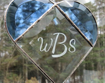 Blue & Clear Beveled Stained Glass Heart Sun Catcher Personalized with a Monogram--an Elegant Gift of Heirloom Quality Craftmanship ByCoco
