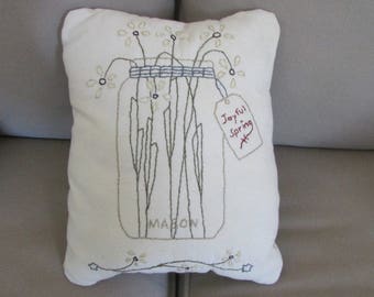 Primitive Stitchery Pillow, "Canning Jar Joyful Spring Pillow."