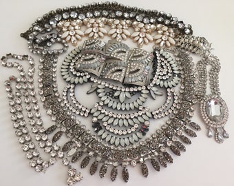 Clear Rhinestone Broken Jewelry Lot Harvest Repair Craft Repurpose Salvage DIY Weddding Bridal Bouquet Decor Costume Jewelry