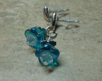 Aqua Czech Earrings, Bell Flower Earrings, Dainty Floral Earrings, Swarovski Crystal Earrings, FREE SHIPPING