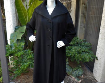 Vintage 1950's Black Wool Swing Coat - Size M/L