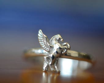 Silver Pegasus Ring, Winged Horse Charm, Sterling Fantasy & Mythology Jewelry