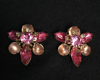 Vintage Pink Rhinestone Clip on Earrings