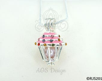Pick A Pearl Cage Necklace Pink Cupcake Crystal Accents Silver Plated Locket Charm Necklace