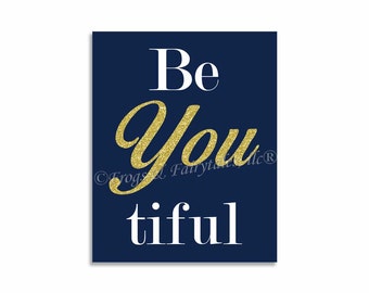 Be You Beautiful Canvas Print Wall Art Navy Gold