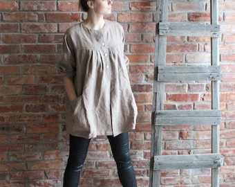Linen Smock Artist Smock Cappuchino Brown Loose Linen Tunic Oversized Tunic Linen Overalls Medium to Large / Ready to ship