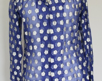 1970's blue blouse, gold blouse, metallic top, polka dot blouse, long sleeve top, collar blouse, Small blouse, Medium blouse, pointed collar