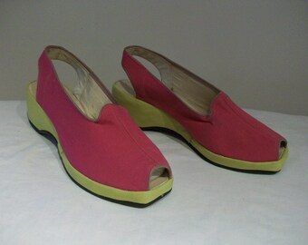 Best 1940s shocking pink and lime gabardine platform peep toe wedges US 6 1/2 / UK 4 1/2