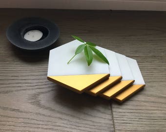 Hexagon White Marble Coasters. Set of 2, Set of 4 or Set of 6. Gold Painted Honed Marble. Natural Stone Coasters. Geometric Coasters