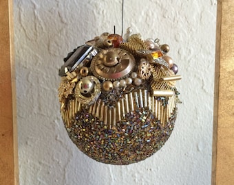 FREE shipping Vintage Jewelry Ornament, Handmade, Christmas Ball, Holiday Decoration, Gold Bead Ornament, Christmas Ornament