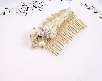 Gold Pearl Hair Comb, Ivory Wedding Comb, Gold Rhinestone Pearl Comb, Flower Girl Clip, Bridesmaid Hair Clip, Vintage Pearl Comb