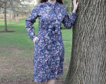 Long Sleeved Floral Vintage Housewife Dress with Tie Neck and Belt