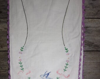 vintage hand embroidered dresser scarf table runner blue bird with purple crochet edges