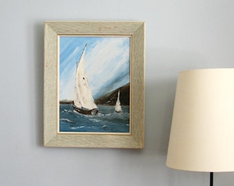 12x16 Sailboat Painting - Vintage Framed Art - Nautical Wall Decor - Seascape Painting - Blue Home Decor - Mid Century Art - Sailing Gift