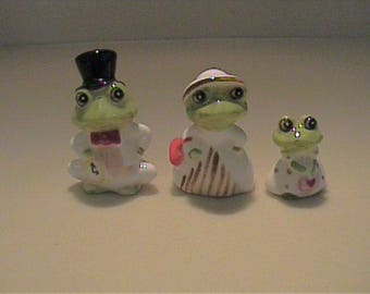 Three vintage 1960's miniature bone china family of character frogs