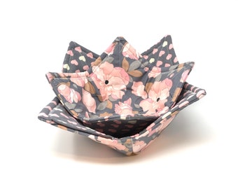 Microwave Bowl Cozy Set of 2, Pink Bowl Cozy, Fabric Bowl Cozie, Microwave Fabric Bowl Cozy, Ice Cream Bowl Holder, Hearts, Floral, Gray