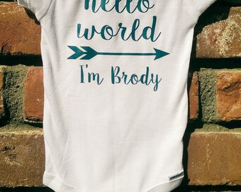 personalized boy s hello world onesie with black beanie