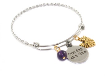Stainless Steel Recovery Bracelet, Amethyst, Gold Angel, One Day At A Time