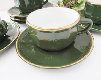 Apilco vintage breakfast 1980's cup and saucer, French china, Green cup, Coffee cup, Bistro ware