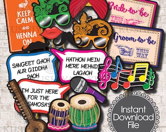 Sangeet / Mehndi Night Photo Props - Set of 16 - Indian Wedding, Party Signs, Desi, Instant Download, Printable, Print your own, DIY.