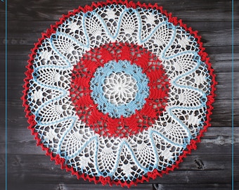 Color Crochet Doily 16.14", lace crochet doily in cyan and red