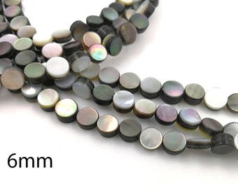 Full Strand 6mm Black Mother of Pearl Round Coin Beads Black MOP Flat Round Beads