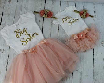New Peach Big Sister Little Sister Outfits Sets Baby Shower Gifts Annoucement Shirt Lil Sis Big Sis Peach Tutu Gold Headband Peach Bloomers