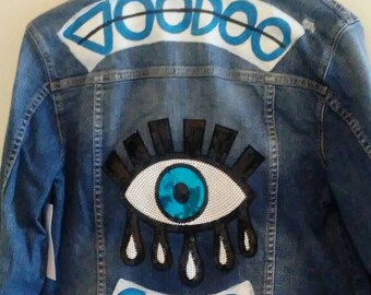 Evil eye, voodoo child, embellished jean jacket. Size M new.