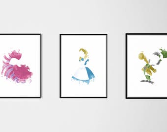 Alice in Wonderland Print Watercolor Wall Art Disney Alice in Wonderland Poster Disney Theme Nursery Wall Art Alice in Wonderland print set