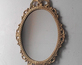 Gold Mirror in Vintage Oval Frame, Small Bathroom Wall Mirror, Mid Century Modern, Entryway Decor, Gold Accents, French Country Cottage