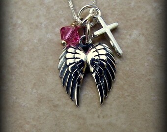 Sterling silver double Angel wing necklace, memorial necklace, religious necklace