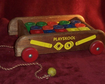 PlaySkool Wooden Wagon with Blocks and Rods Complete, with Nice Vintage Color and Wear all Working