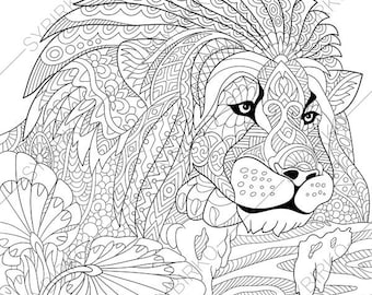 Lion. Leo. 2 Coloring Pages. Animal coloring book pages for Adults. Instant Download Print