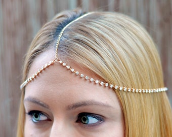 THE SYDNEY - Gold Rhinestones Festival Crown Gypsy Hair Chain Crystal Diamond Jewelry Boho Wedding Headpiece Hippie Cleopatra Summer Spring