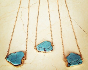 Gold Dipped Turquoise Necklace, Turquoise Slice Pendant, Slice Gemstone, Gemstone Necklace, Turquoise Nugget Necklace, Boho Necklace.