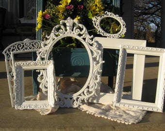 Set Of 6 Shabby Chic Ornate Picture Frames / White Picture Frame Set / Wedding / Nursery Frame Collection